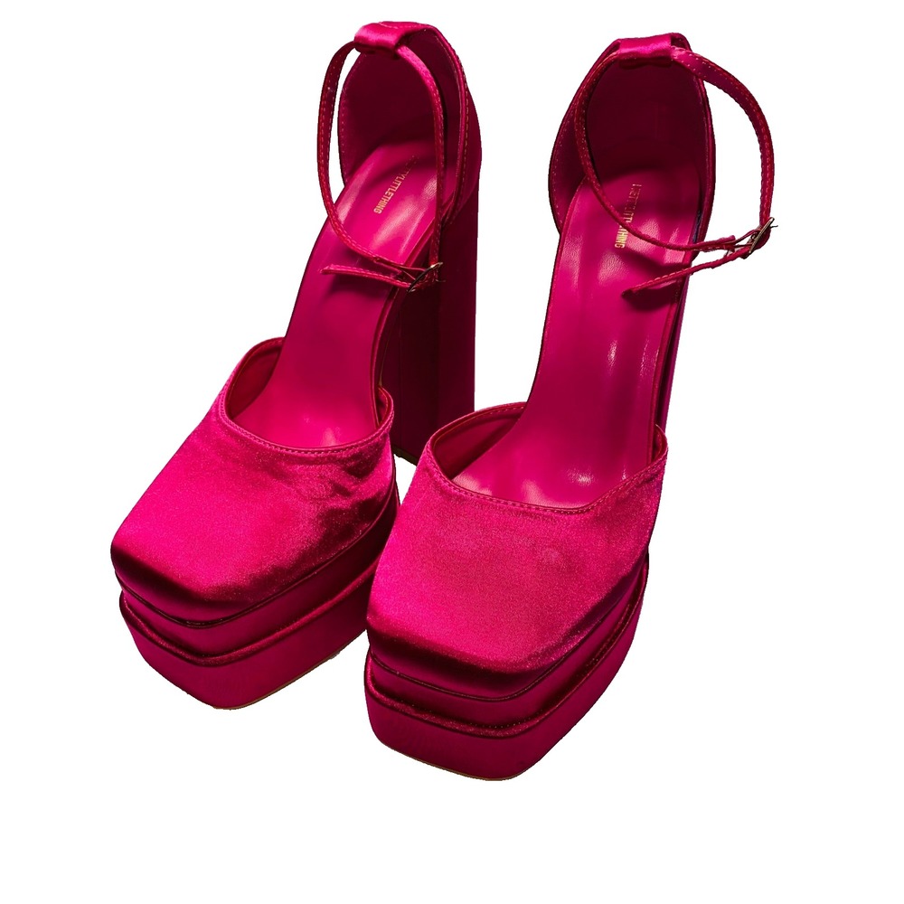 Hot Pink Satin Platform Mary‎ Jane Heels Ankle Strap Chunky Block Heel Shoes